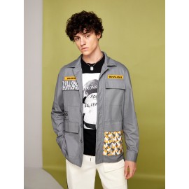 Men Bird & Slogan Graphic Flap Pocket Jacket