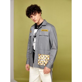 Men Bird & Slogan Graphic Flap Pocket Jacket