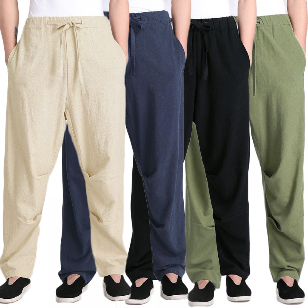 Men Drawstring Pants Linen Cotton Loose Yoga Pants Straight Long Trousers Casual Hiking Sport