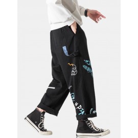 Mens Cotton Graffiti Print Multi-Pocket Loose Fit Drawstring Waist Cargo Pants