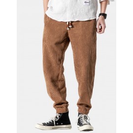 Mens Corduroy Design Cotton Solid Color Drawstring Mid Waist Harem Pants