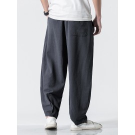 Mens 100% Cotton Solid Color Pocket Loose Drawstring Pants