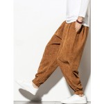 Mens Corduroy Solid Color Drawstring Mid Waist Elastic Cuff Jogger Pants