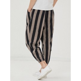 Mens 100% Cotton Stripe Casual Drawstring Beam Feet Pants