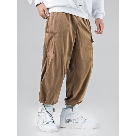 Mens Corduroy Solid Color Multi Pocket Drawstring Elastic Waist Cargo jogger Pants