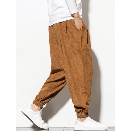 Mens Corduroy Solid Color Drawstring Mid Waist Elastic Cuff Jogger Pants