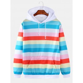 Mens Colorful Horizontal Stripes Loose Fit Drawstring Hoodies With Kangaroo Pocket