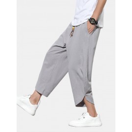 Mens Cotton Drawstring Solid Color Casual Calf Length Pants