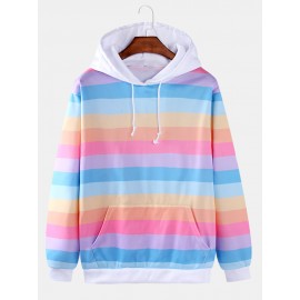 Mens Colorful Horizontal Stripes Loose Fit Drawstring Hoodies With Kangaroo Pocket