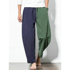 Mens 100% Cotton Patchwork Elastic Waist Pants