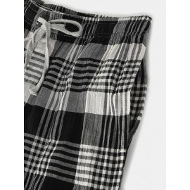 Mens Cotton Plaid Print Thin Loose Breathable Home Drawstring Mid Waist Lounge Sleep Pants