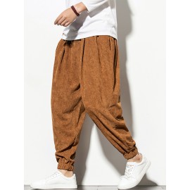 Mens Corduroy Solid Color Drawstring Mid Waist Elastic Cuff Jogger Pants