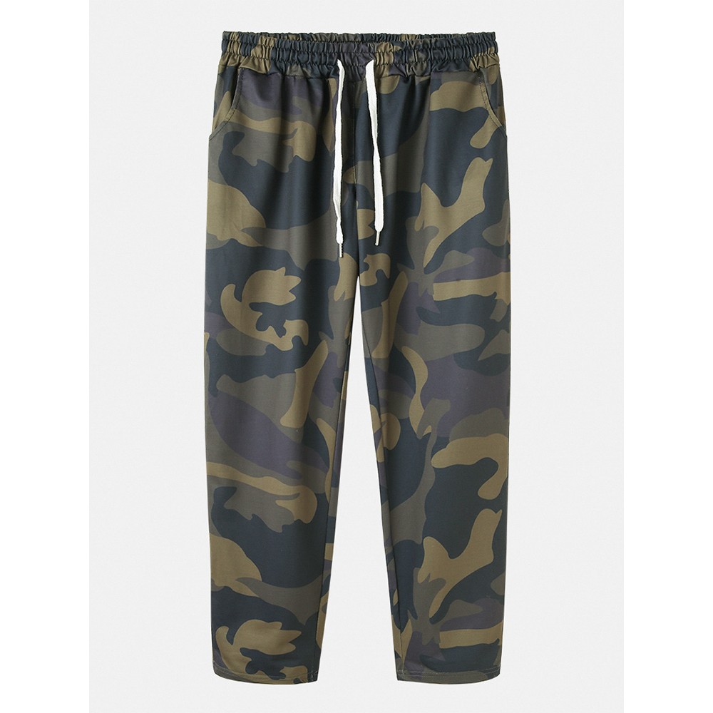 Cotton Mens Camouflage Drawstring Casual Pants With Pocket