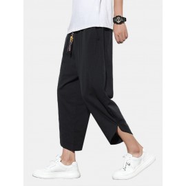 Mens Cotton Drawstring Solid Color Casual Calf Length Pants