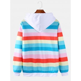 Mens Colorful Horizontal Stripes Loose Fit Drawstring Hoodies With Kangaroo Pocket