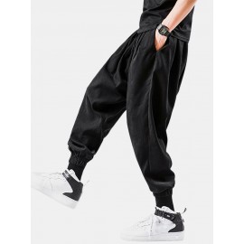 Mens Cotton Solid Color Loose Drawstring Mid Waist Elastic Cuff Jogger Pants