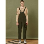 Mens Corduroy Solid Color Side Pocket Sleeveless Loose Jumpsuits