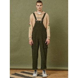 Mens Corduroy Solid Color Side Pocket Sleeveless Loose Jumpsuits