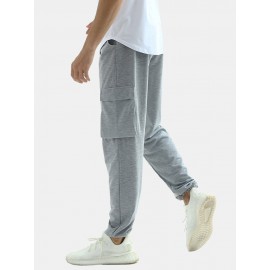 Mens Cotton Elastic Waist Multi Pocket Gery Jogger Pants