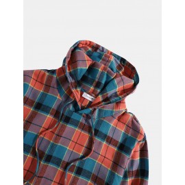 Mens 100% Cotton Plaid Elastic Cuff Design Casaul Drawstring Hoodies