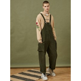 Mens Corduroy Solid Color Side Pocket Sleeveless Loose Jumpsuits