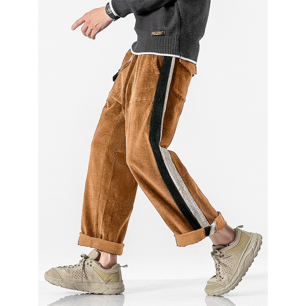 Corduroy Mens Poclet Side Stripe Drawstring Casual Straight Leg Pants