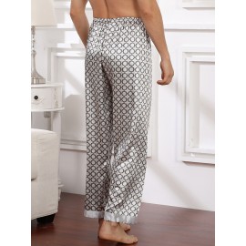 Mens Circle Pattern Printing Faux Silk Lightweight Breathable Loose Home Elastic Waist Lounge Sleep Pants