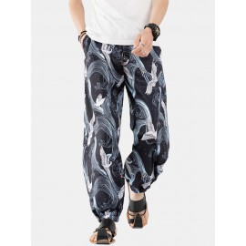 5 Colors Mens Chinese Style Oriental Crane Print Inside Drawstring Casual Pants