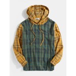 Mens 100% Cotton Contrast Plaid Patchwork Elastic Cuff Drawstring Hoodies