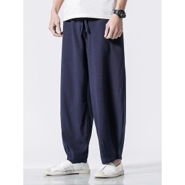 Mens 100% Cotton Solid Color Pocket Loose Drawstring Pants