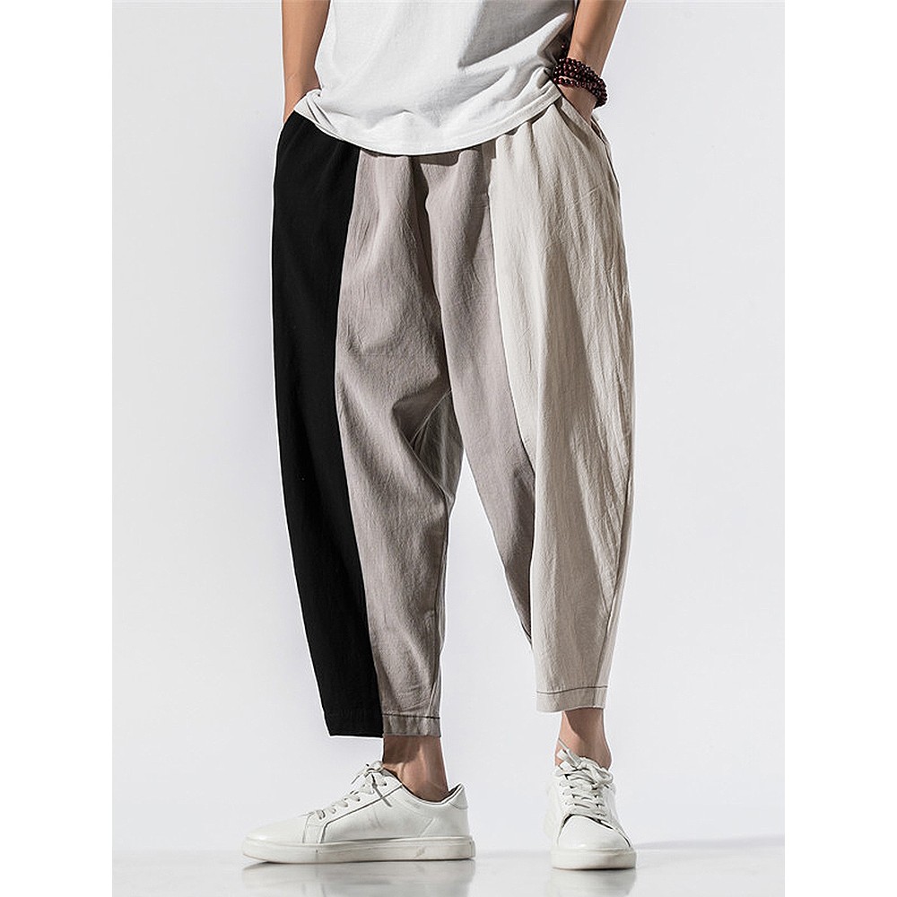 Mens 100% Cotton Patchwork Solid Elastic Waist Pants