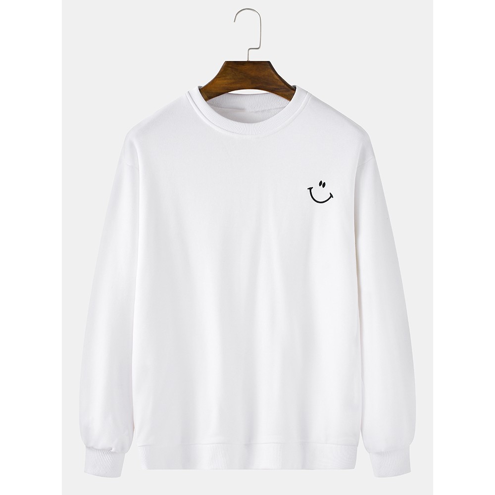 Mens Cotton Plain Smile Face Embroidery Relaxed Fit Pullover Sweatshirts