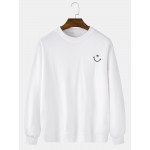 Mens Cotton Plain Smile Face Embroidery Relaxed Fit Pullover Sweatshirts