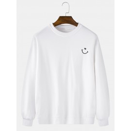 Mens Cotton Plain Smile Face Embroidery Relaxed Fit Pullover Sweatshirts