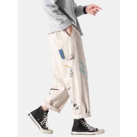 Mens Cotton Graffiti Print Multi-Pocket Loose Fit Drawstring Waist Cargo Pants