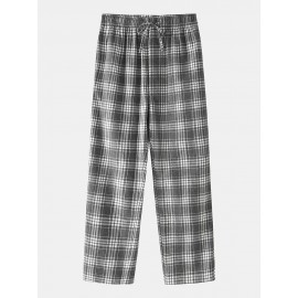 Cotton Mens Simple Plaid Print Pocket Drawstring Home Pajama Pants