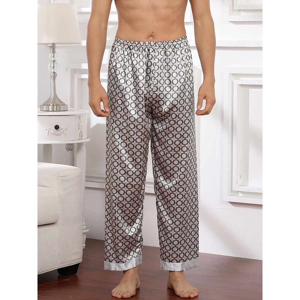 Mens Circle Pattern Printing Faux Silk Lightweight Breathable Loose Home Elastic Waist Lounge Sleep Pants