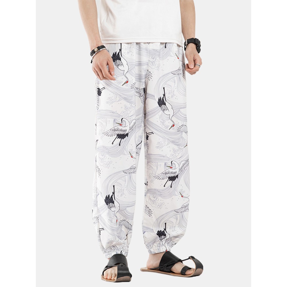 5 Colors Mens Chinese Style Oriental Crane Print Inside Drawstring Casual Pants