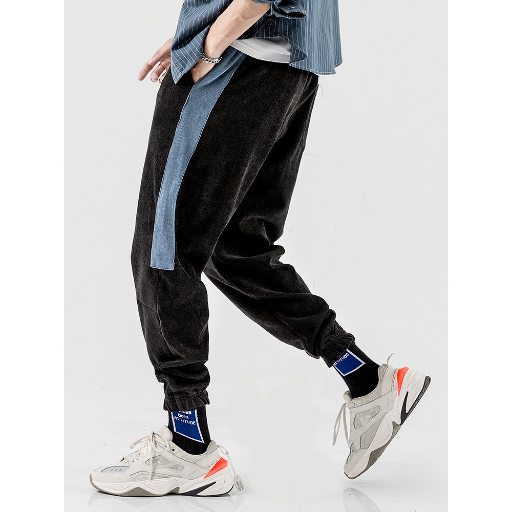 Mens Corduroy Side Stripe Drawstring Black Jog Casual Pants