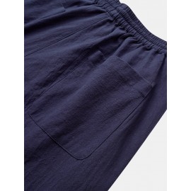 Mens 100% Cotton Solid Color Pocket Loose Drawstring Pants