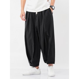 Mens 100% Cotton Solid Color Drawstring Pocket Casual Harem Pants