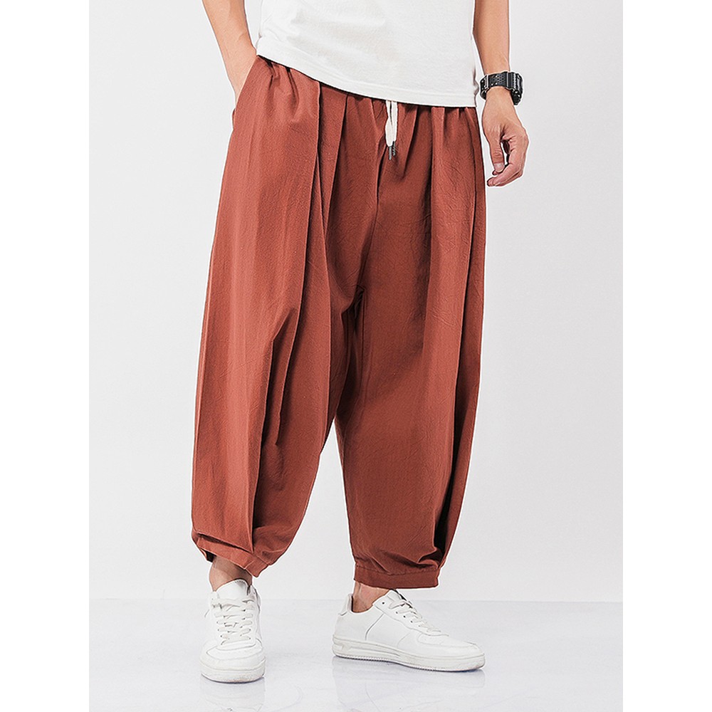 Mens 100% Cotton Solid Color Drawstring Pocket Casual Harem Pants