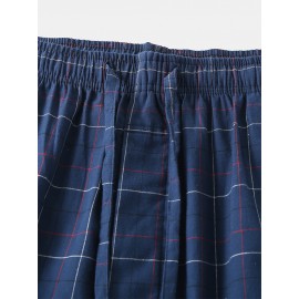 Cotton Mens Simple Plaid Print Pocket Drawstring Home Pajama Pants