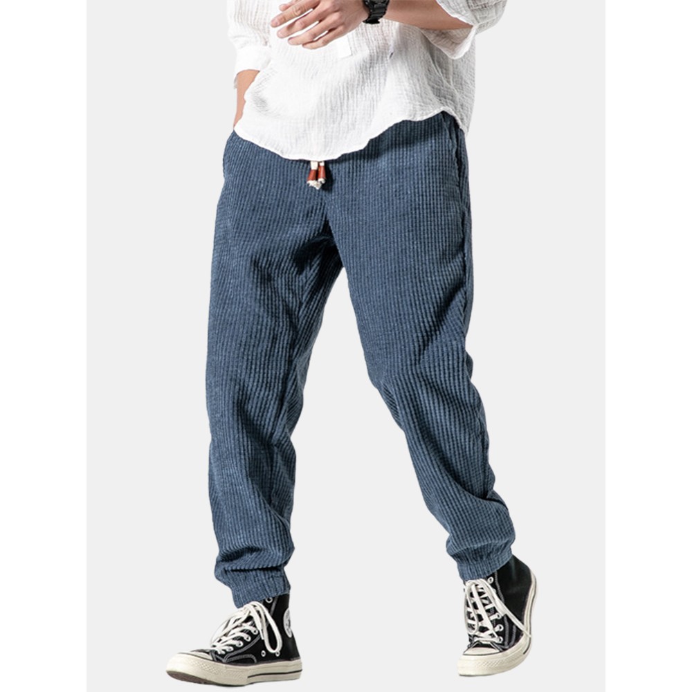 Mens Corduroy Design Cotton Solid Color Drawstring Mid Waist Harem Pants