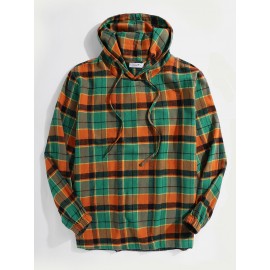 Mens 100% Cotton Plaid Elastic Cuff Design Casaul Drawstring Hoodies