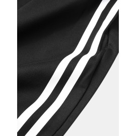 Mens Cotton Side Stripe Print Drawstring Sport Black Jogger Pants With Pocket