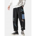 Mens Cotton Graffiti Print Multi-Pocket Loose Fit Drawstring Waist Cargo Pants