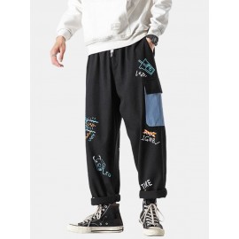 Mens Cotton Graffiti Print Multi-Pocket Loose Fit Drawstring Waist Cargo Pants