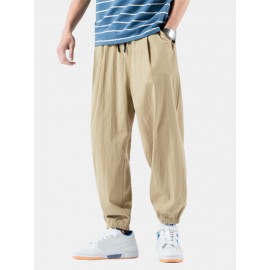 Mens Cotton Solid Color Casual Loose Elastic Drawstring Waist Harem Pants