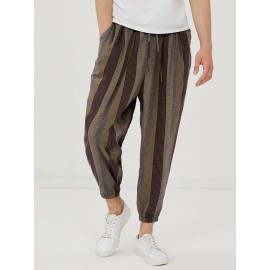 Mens 100% Cotton Colored Stripe Casual Drawstring Elastic Cuff Pants